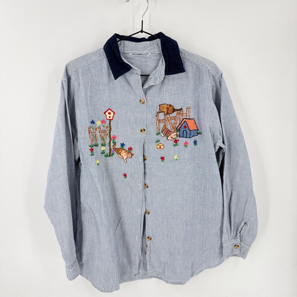 Vintage Pinstripe Embroidered Birdhouse Shirt Blue Corduroy Collar Size Small‎ - Picture 7 of 7
